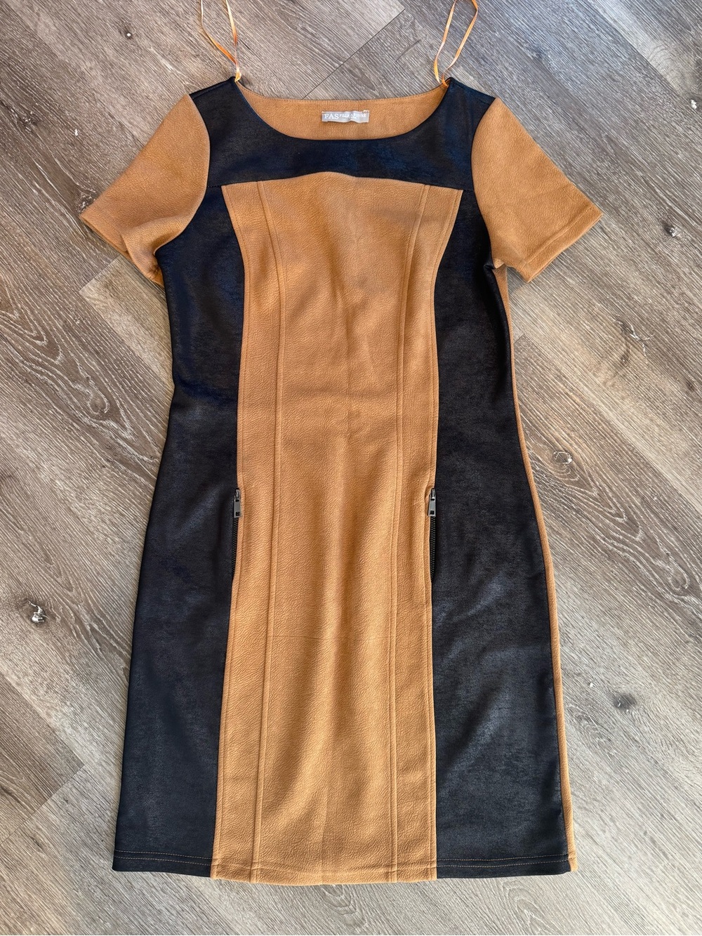 FAS Fille a Suivre Paris Brown Black Moto Paneled Shift Dress Zipper Pockets Med